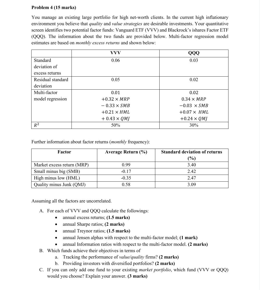 Problem 4 (15 marks) You manage an existing large portfolio for high
