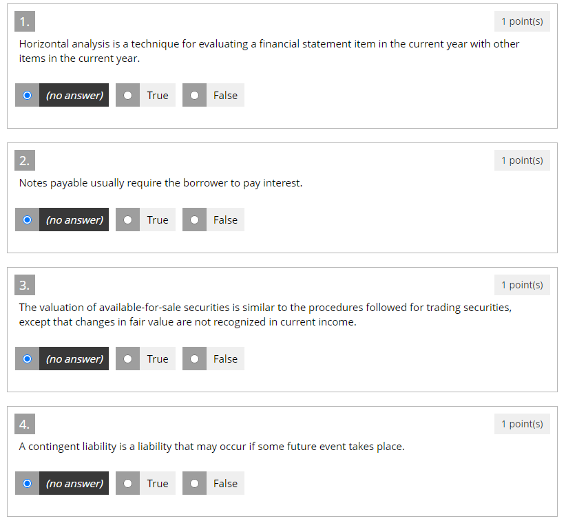 1. 1 point(s) Horizontal analysis is a technique for evaluating a financial