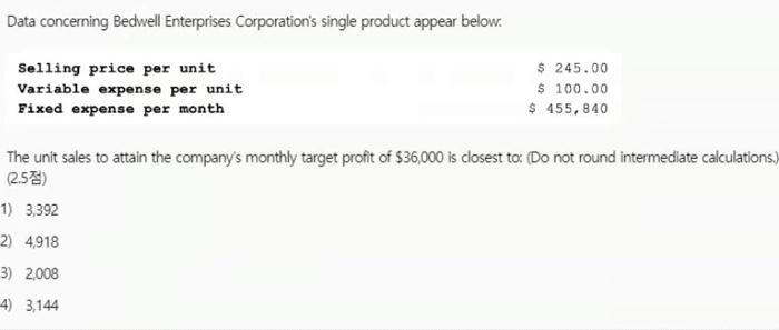 Data concerning Bedwell Enterprises Corporation's single product appear below. Selling price per