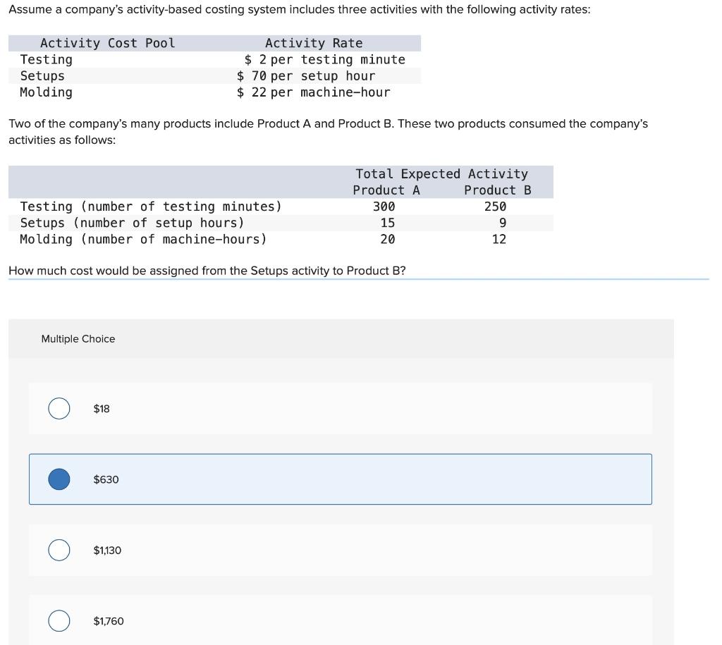 Assume a company's activity-based costing system includes three activities with the following