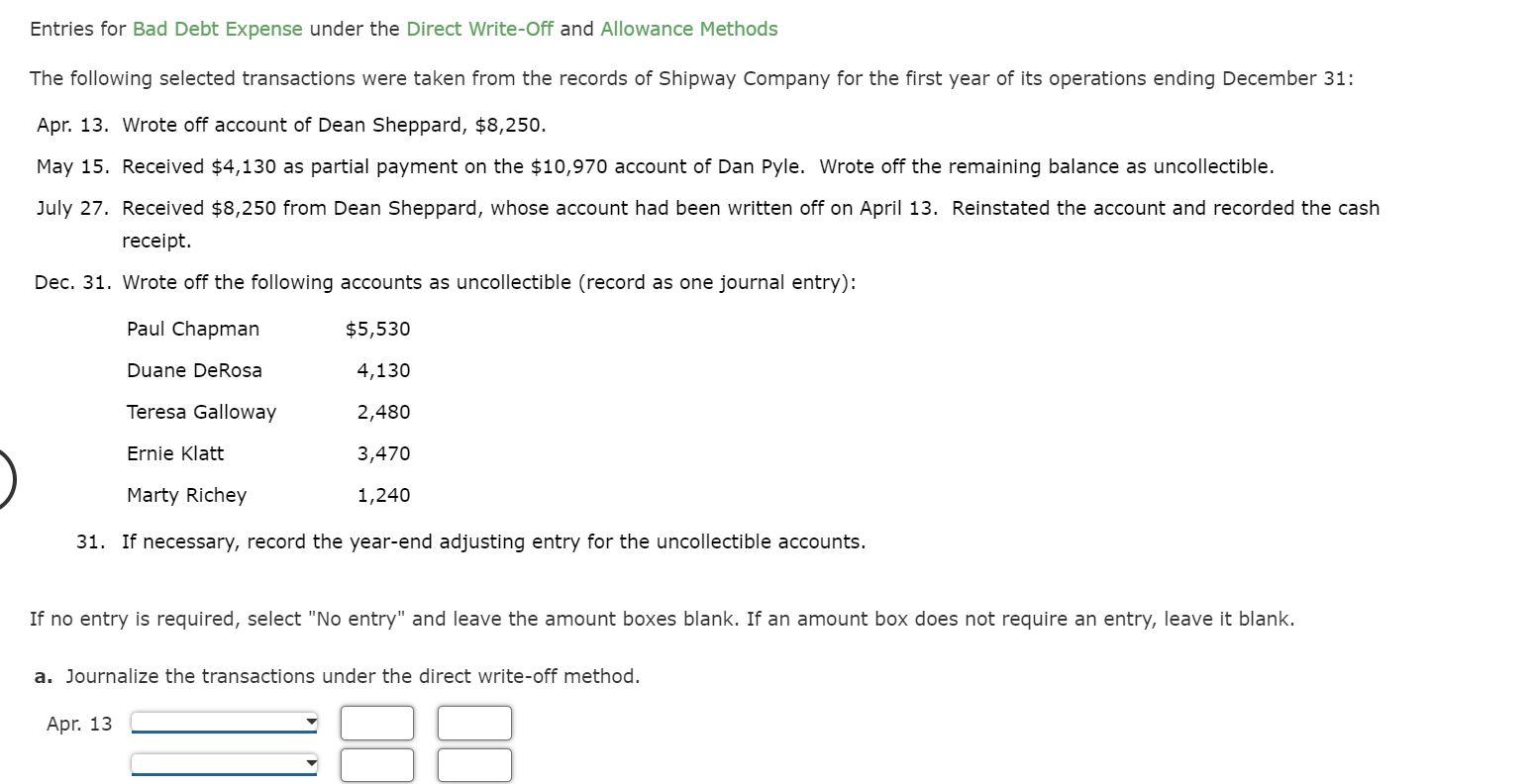 Entries for Bad Debt Expense under the Direct Write-Off and Allowance Methods