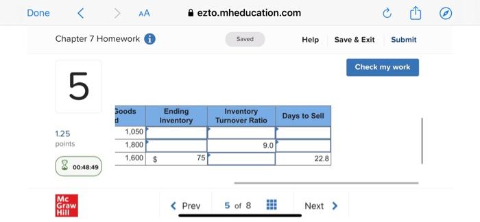 Done < AA ezto.mheducation.com Chapter 7 Homework Saved Help Save & Exit