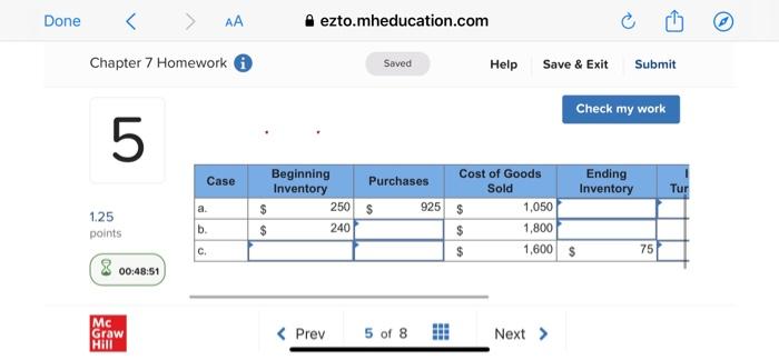 Submit 5 1.25 points Mc Graw Hill Goods d Ending Inventory Inventory