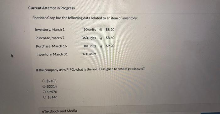 Current Attempt in Progress Sheridan Corp has the following data related to