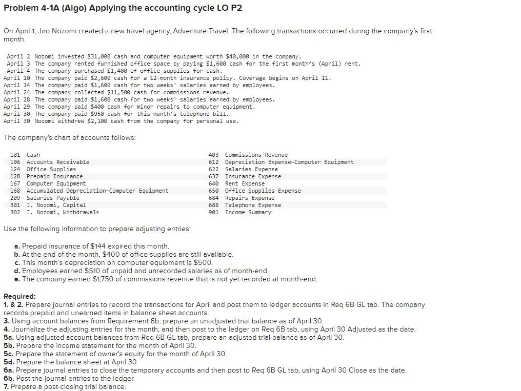 Problem 4-1A (Algo) Applying the accounting cycle LO P2 On April 1,