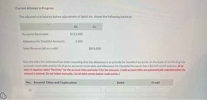 Current Attempt in Progress The adjusted trial balance before adjustment of Splish