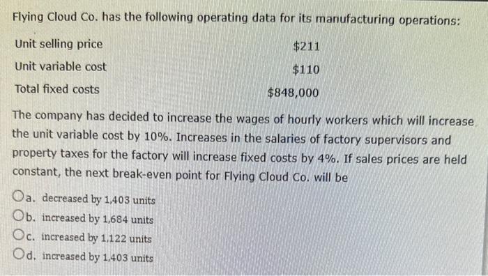 Flying Cloud Co. has the following operating data for its manufacturing operations: