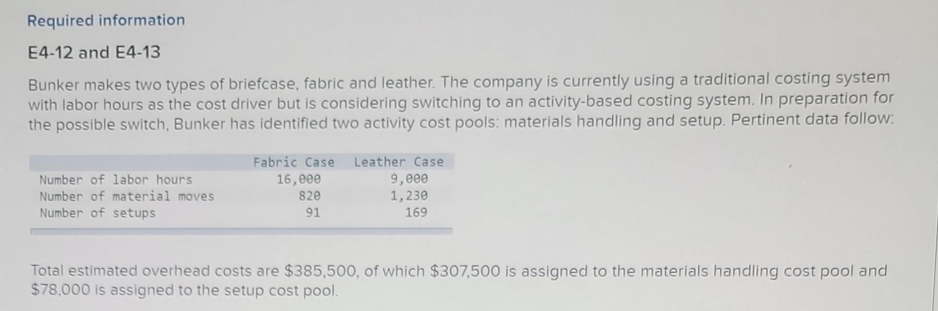 Required information E4-12 and E4-13 Bunker makes two types of briefcase, fabric