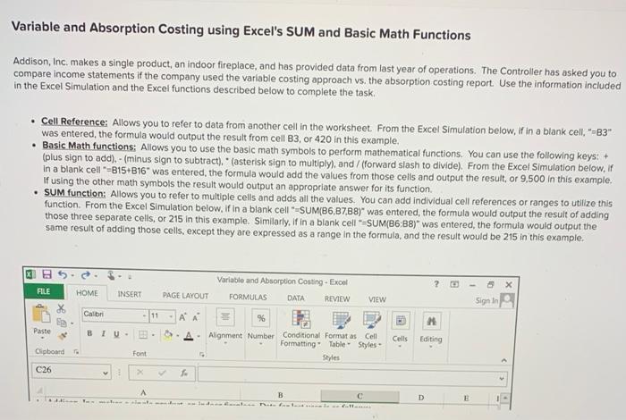 Variable and Absorption Costing using Excel's SUM and Basic Math Functions Addison,