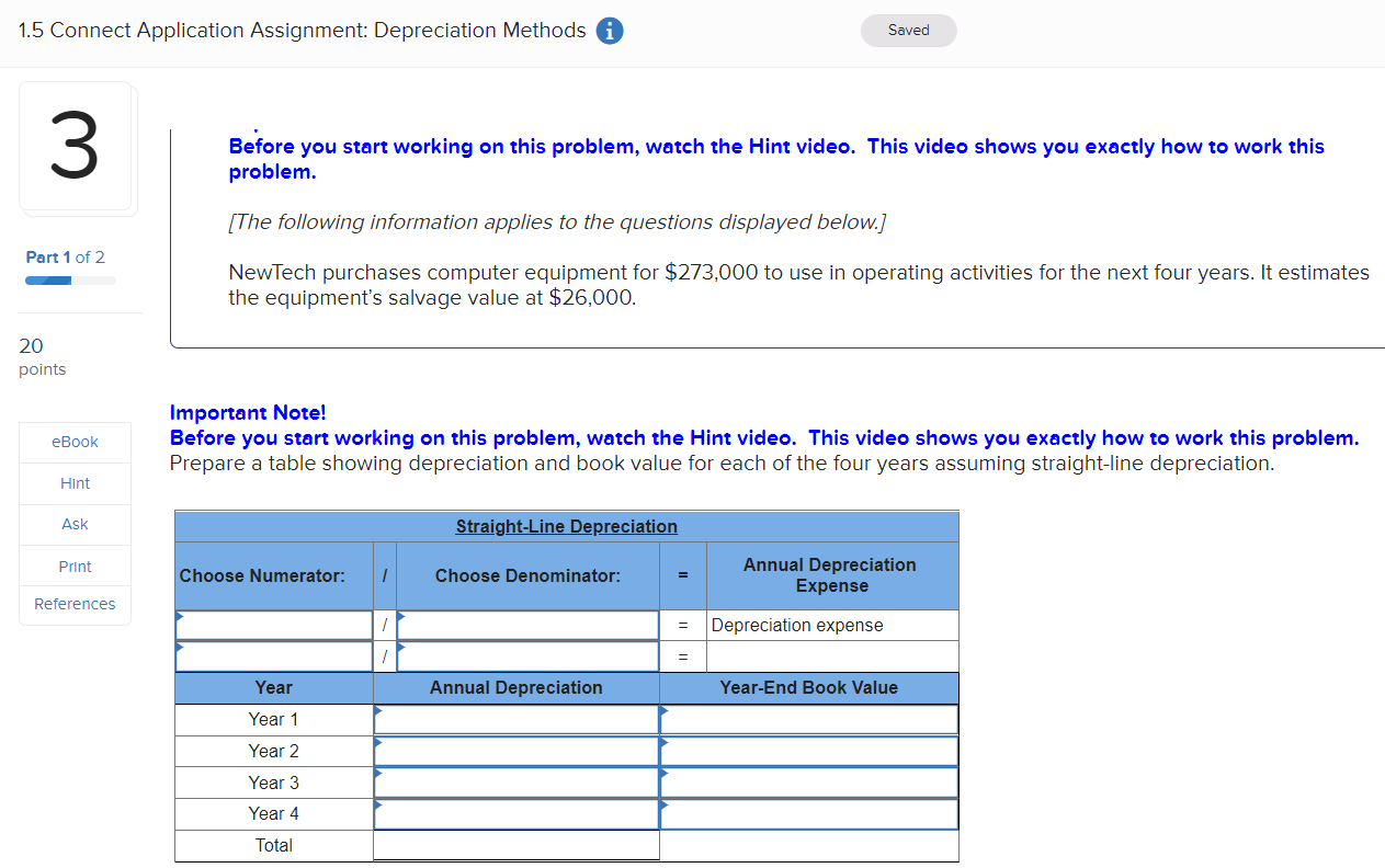 1.5 Connect Application Assignment: Depreciation Methods Saved 3 Part 1 of 2