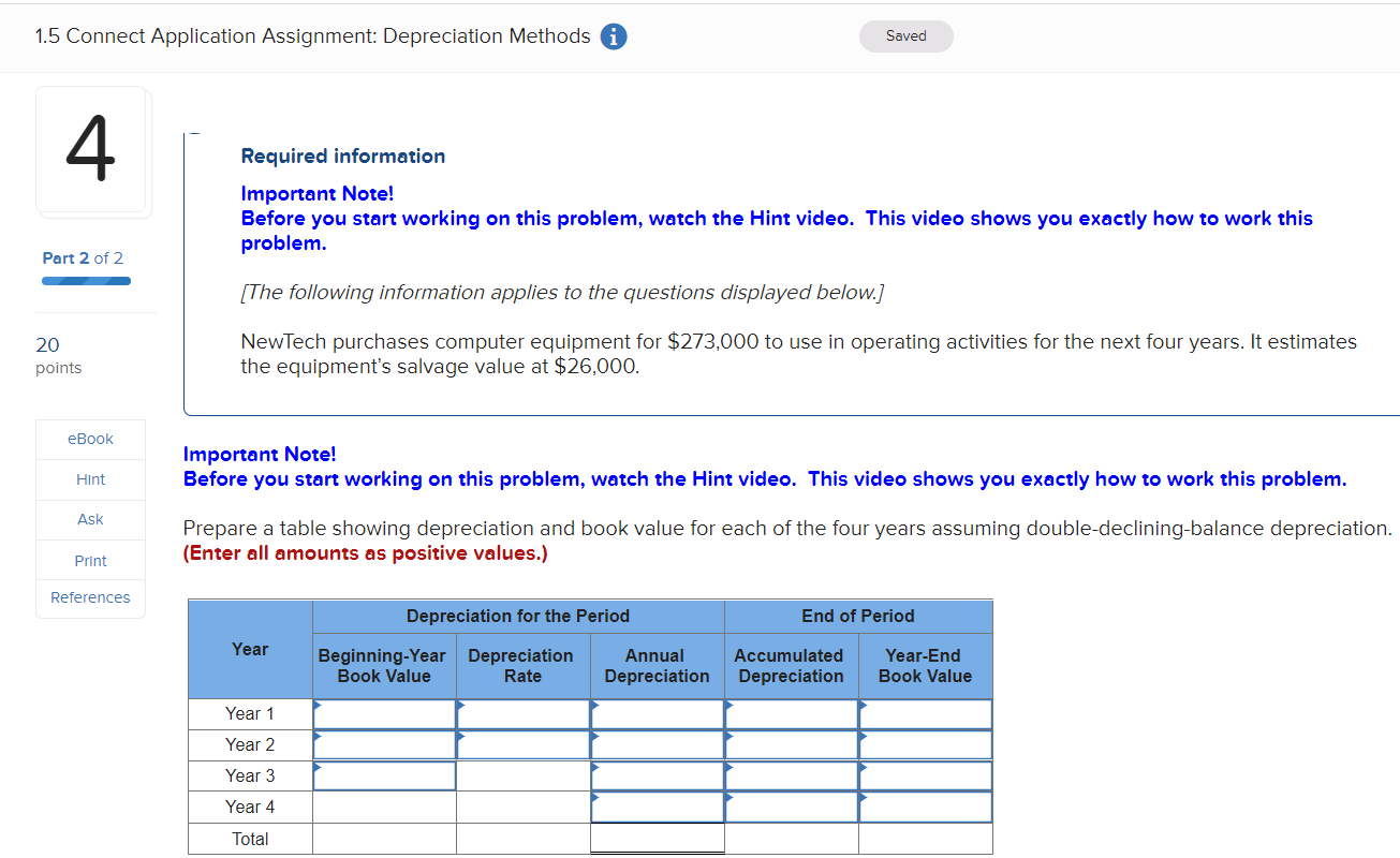 1.5 Connect Application Assignment: Depreciation Methods i 4 Part 2 of 2