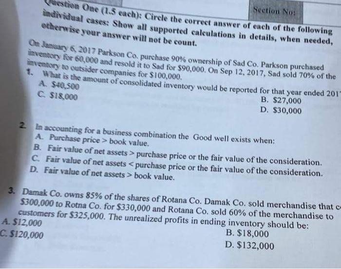Section No: estion One (1.5 each): Circle the correct answer of each