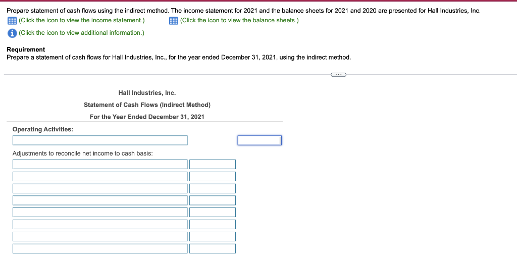 Prepare statement of cash flows using the indirect method. The income statement