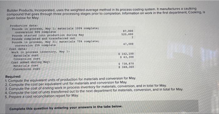 Builder Products, Incorporated, uses the weighted-average method in its process costing system.