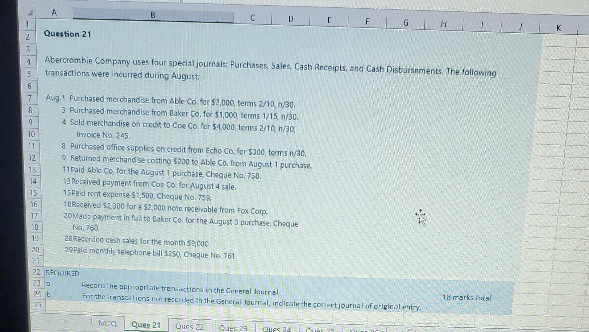 A B Question 21 2 3 C D F G H JK