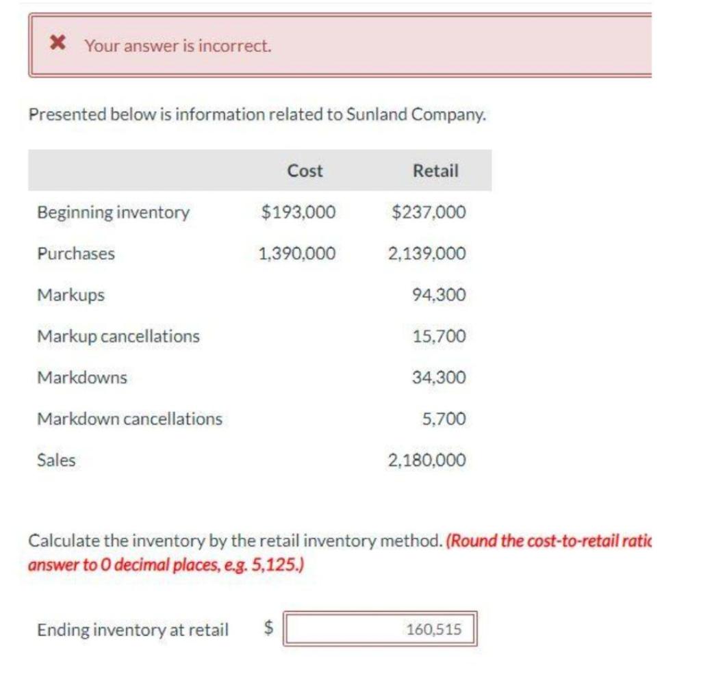 * Your answer is incorrect. Presented below is information related to Sunland