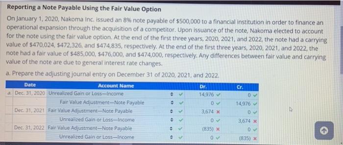 Reporting a Note Payable Using the Fair Value Option On January 1,