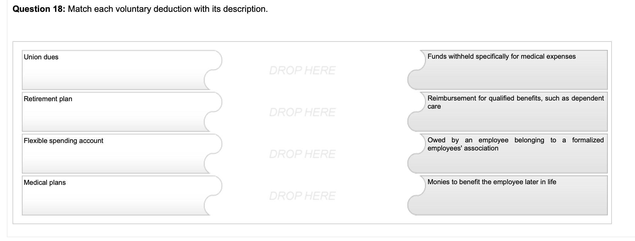 Question 18: Match each voluntary deduction with its description. Union dues Retirement