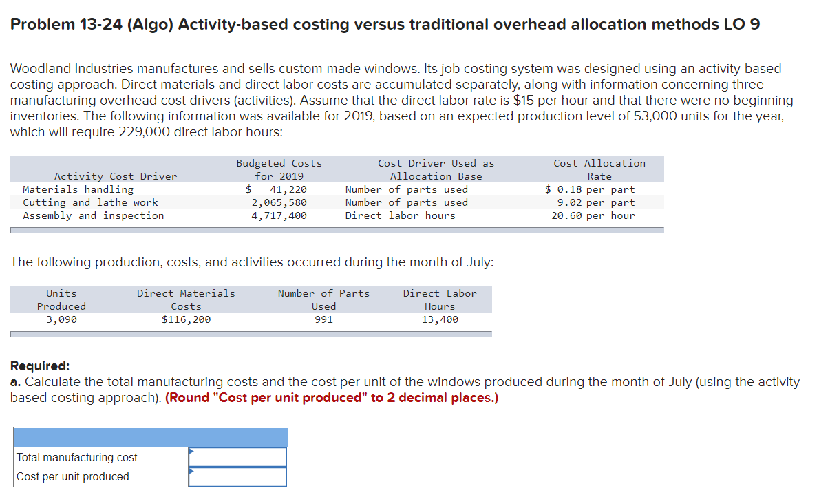 Problem 13-24 (Algo) Activity-based costing versus traditional overhead allocation methods LO 9