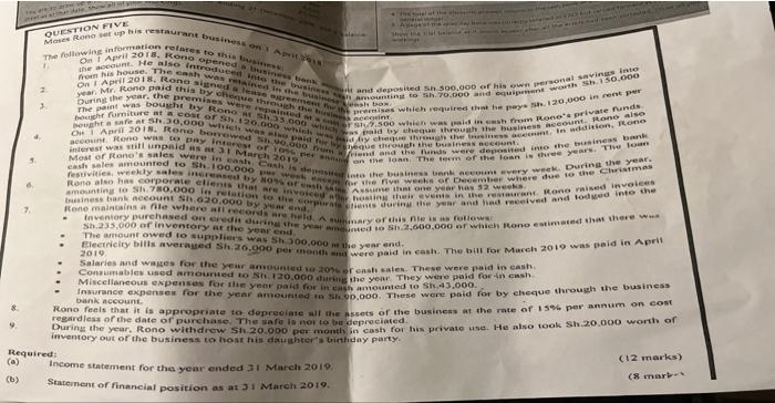 8. 9 3. 4. QUESTION FIVE Mases Rono set up his restaurant
