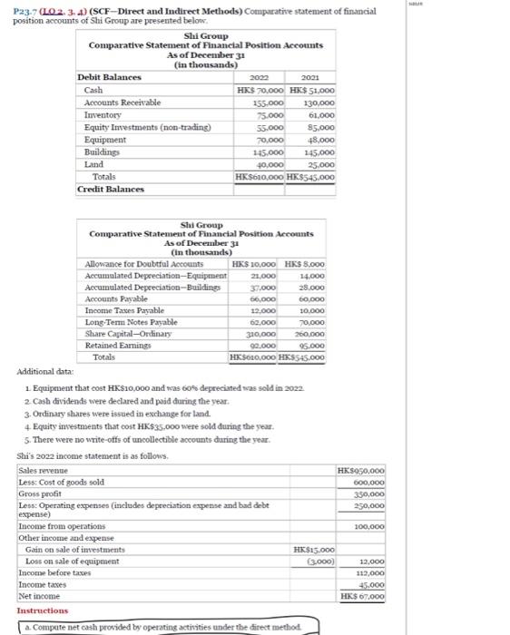 P23-7 (LO 2. 3. 4) (SCF-Direct and Indirect Methods) Comparative statement of
