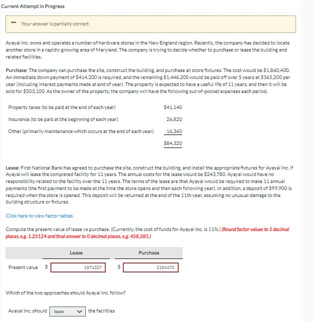 Current Attempt in Progress Your answer is partially correct. Ayayai Inc. owns