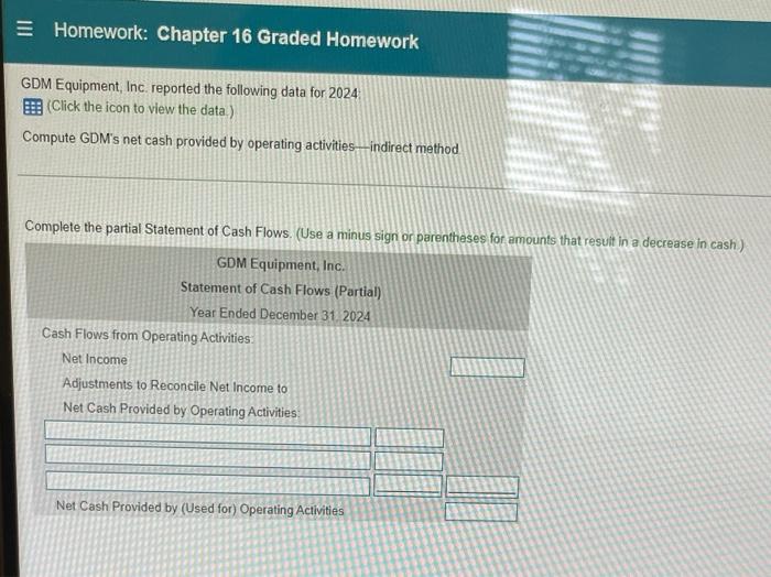 = Homework: Chapter 16 Graded Homework GDM Equipment, Inc. reported the following
