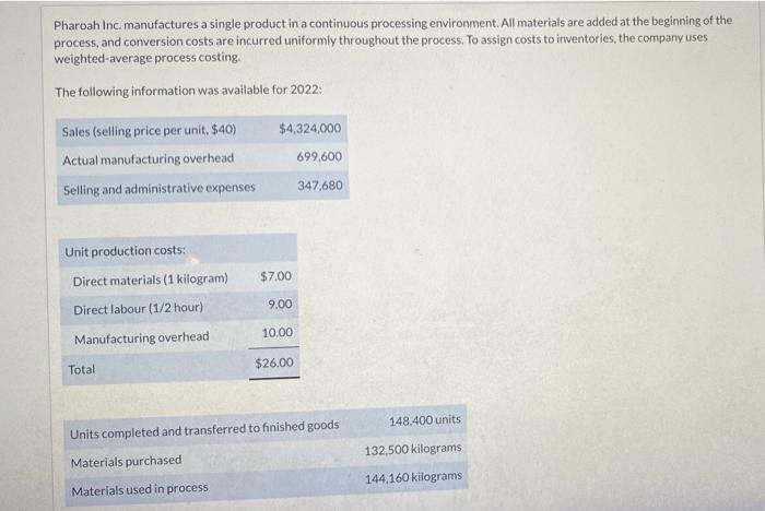 Pharoah Inc. manufactures a single product in a continuous processing environment. All