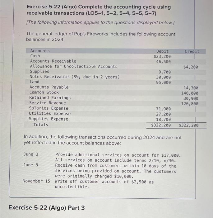 Exercise 5-22 (Algo) Complete the accounting cycle using receivable transactions (LO5-1, 5-2,