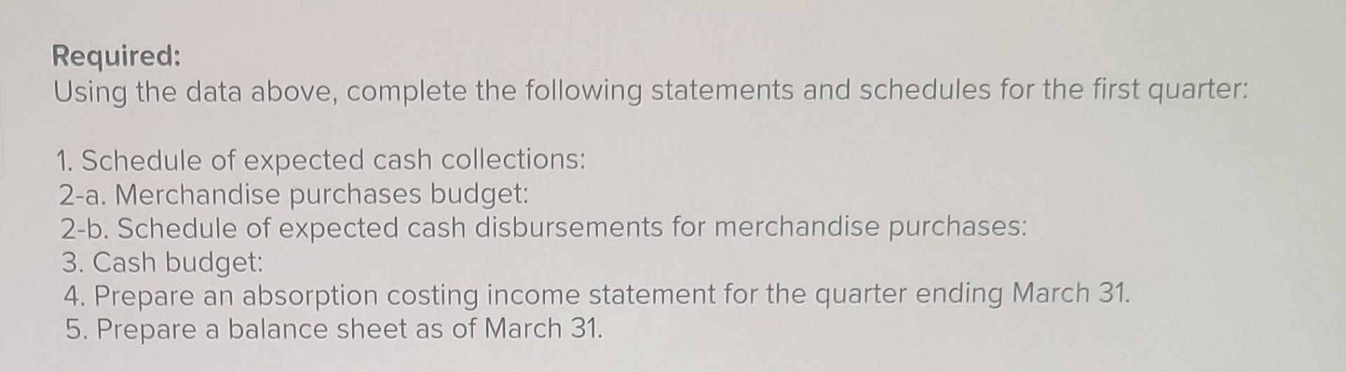 Required: Using the data above, complete the following statements and schedules for