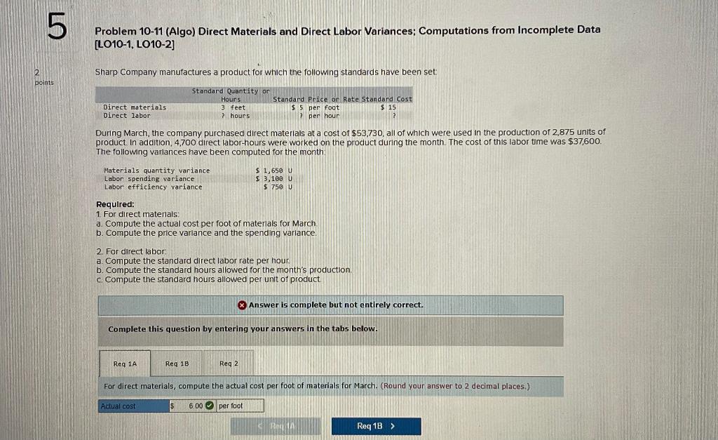 5 2 points Problem 10-11 (Algo) Direct Materials and Direct Labor Variances;