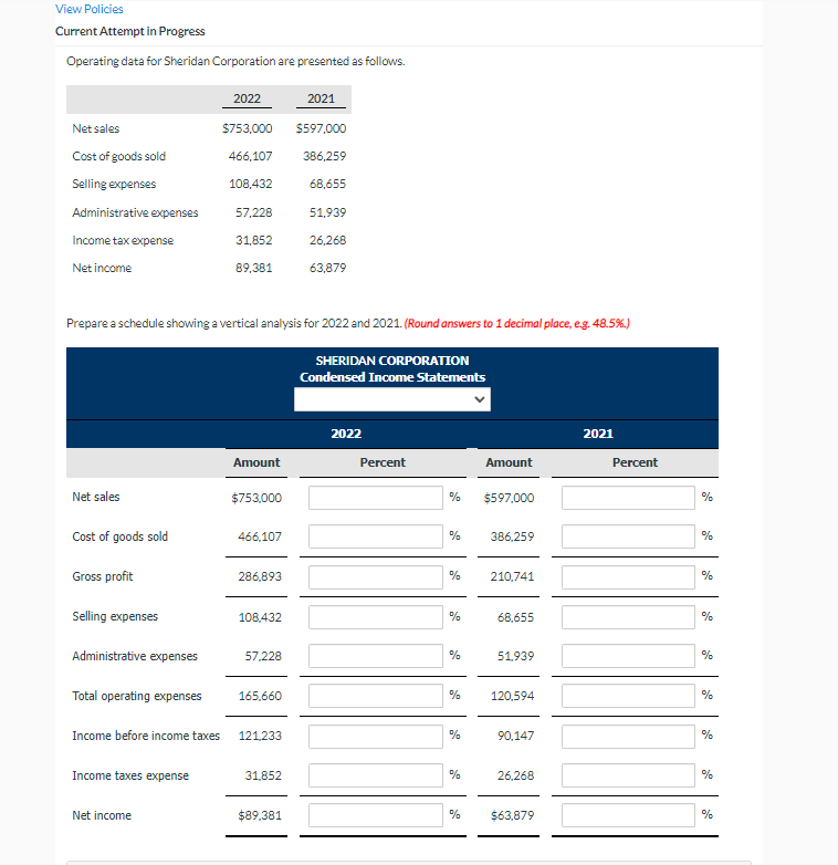 View Policies Current Attempt in Progress Operating data for Sheridan Corporation are