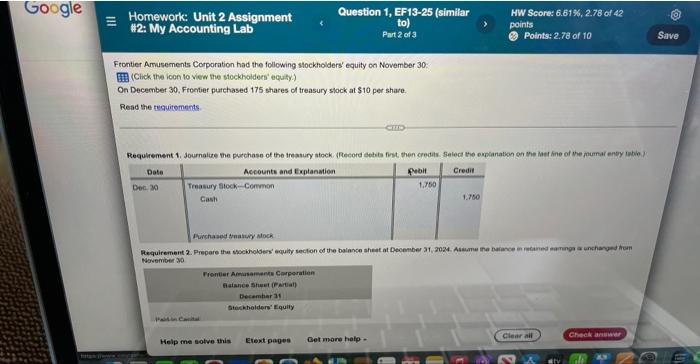 Google Homework: Unit 2 Assignment #2: My Accounting Lab Question 1, EF13-25