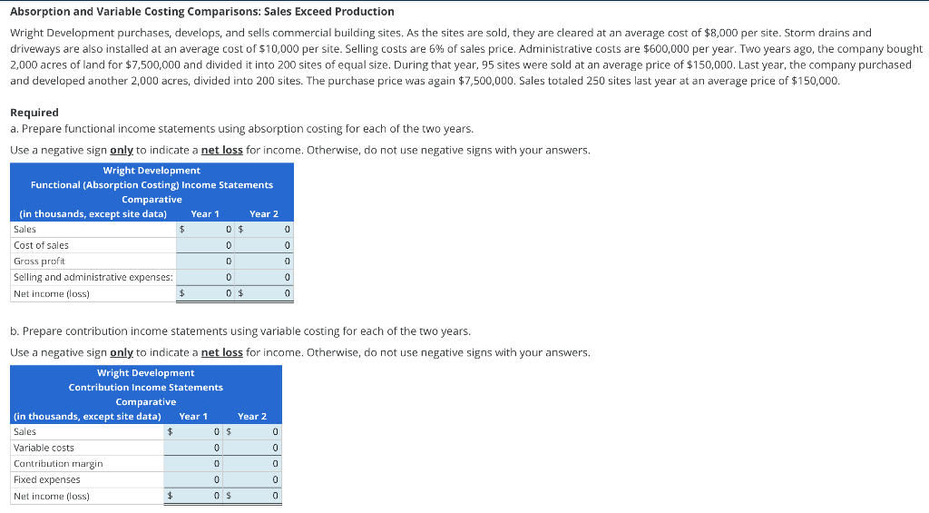 Absorption and Variable Costing Comparisons: Sales Exceed Production Wright Development purchases, develops,