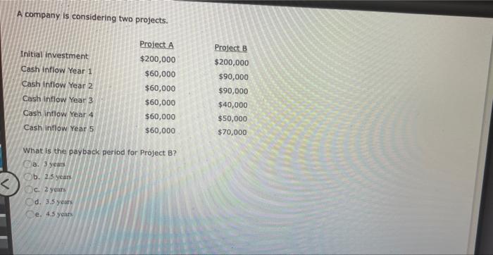 A company is considering two projects. Project A Project B Initial investment