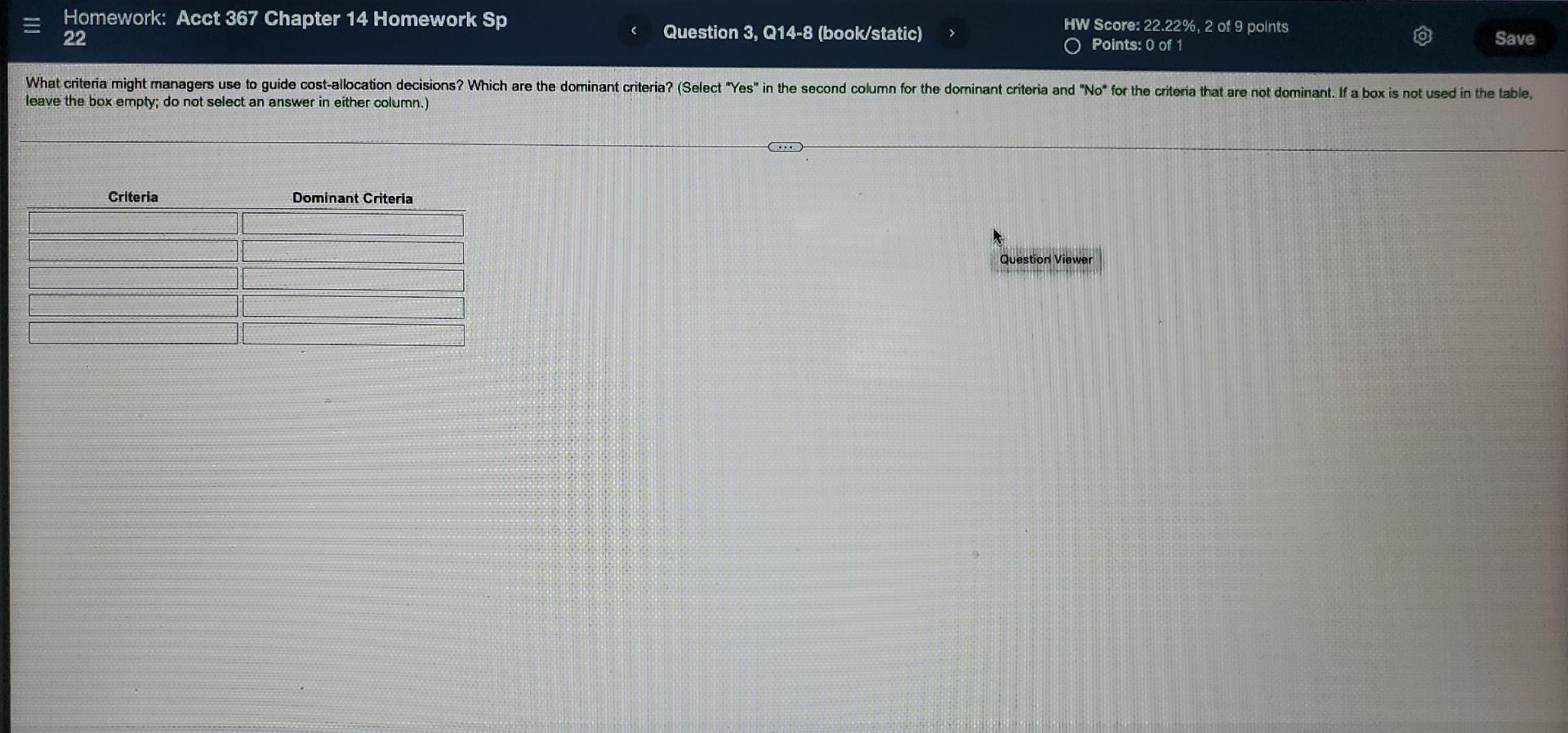 Homework: Acct 367 Chapter 14 Homework Sp 22 Question 3, Q14-8 (book/static)