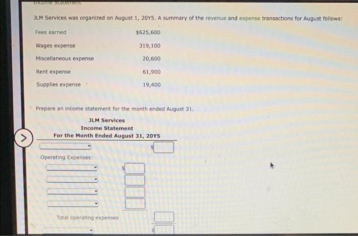 > mcome Statement JLM Services was organized on August 1, 20YS. A