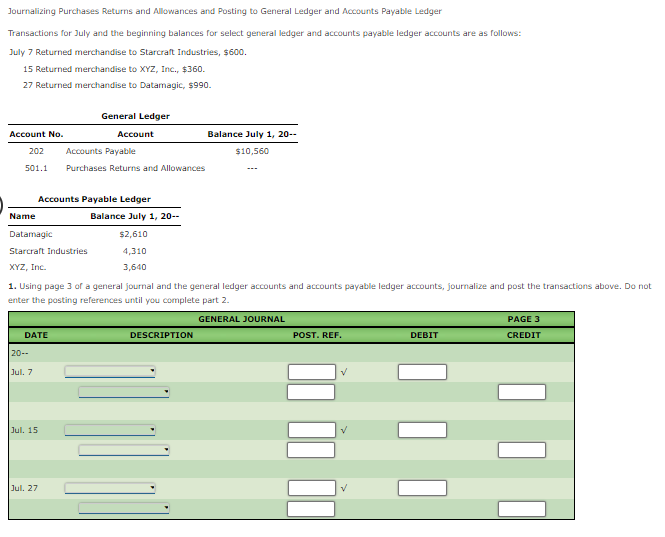Journalizing Purchases Returns and Allowances and Posting to General Ledger and Accounts