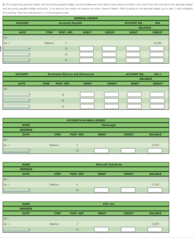 Payable Ledger Transactions for July and the beginning balances for select general