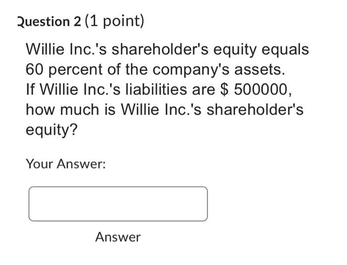 Question 2 (1 point) Willie Inc.'s shareholder's equity equals 60 percent of