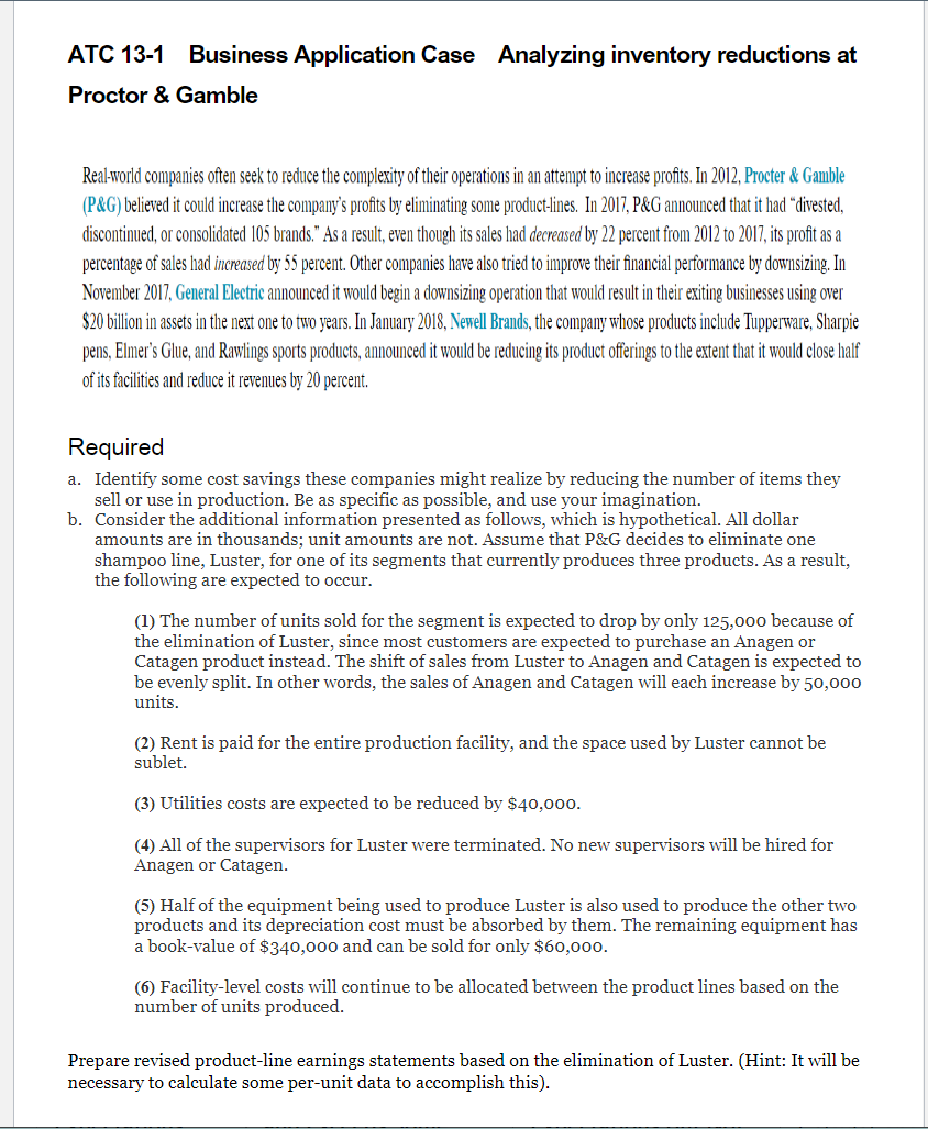 ATC 13-1 Business Application Case Analyzing inventory reductions at Proctor & Gamble