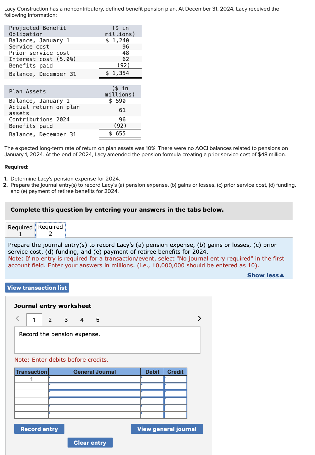 2024, Lacy received the following information: Projected Benefit Obligation Balance, January 1