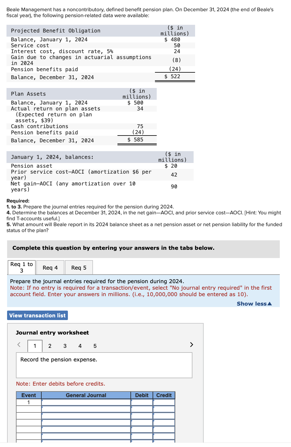 Beale Management has a noncontributory, defined benefit pension plan. On December 31,