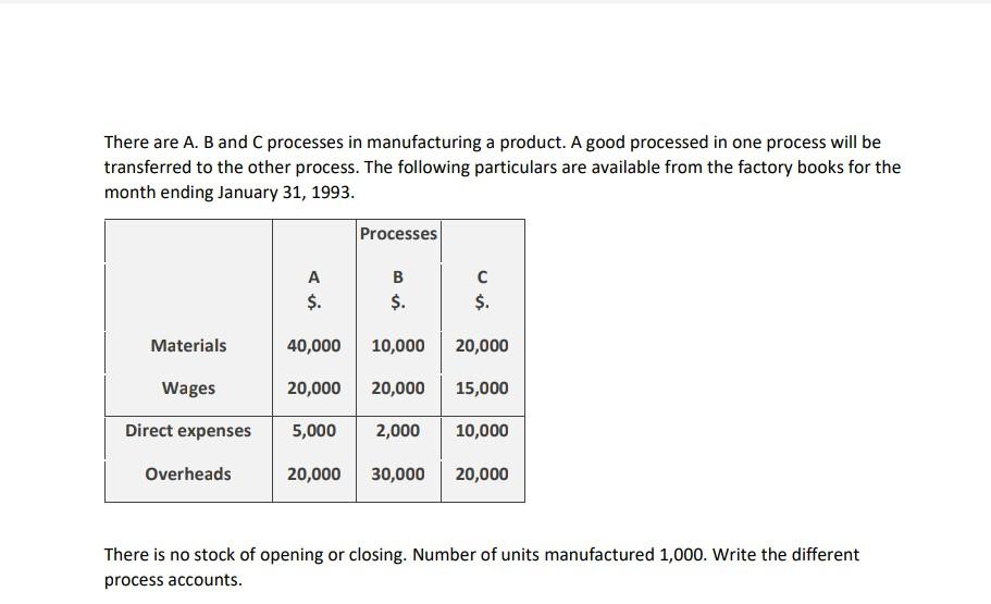 There are A. B and C processes in manufacturing a product. A