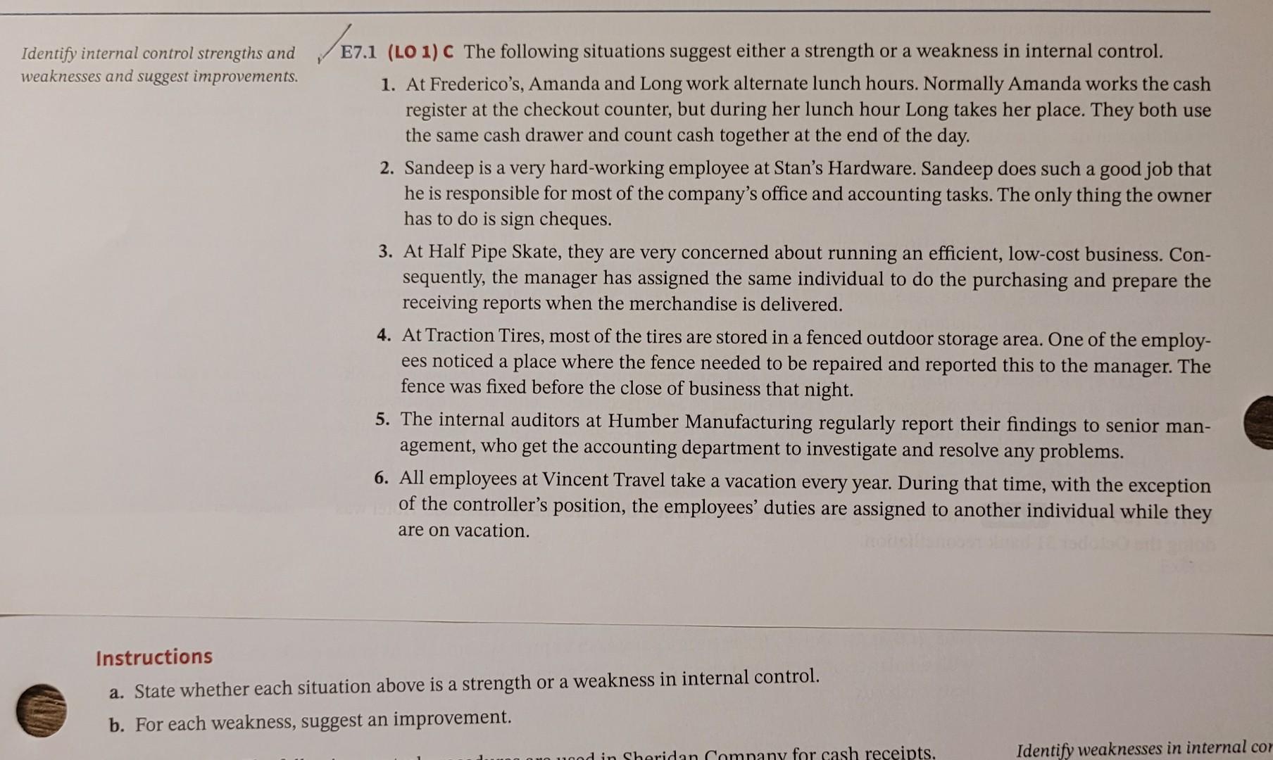 Identify internal control strengths and weaknesses and suggest improvements. E7.1 E7.1 (LO