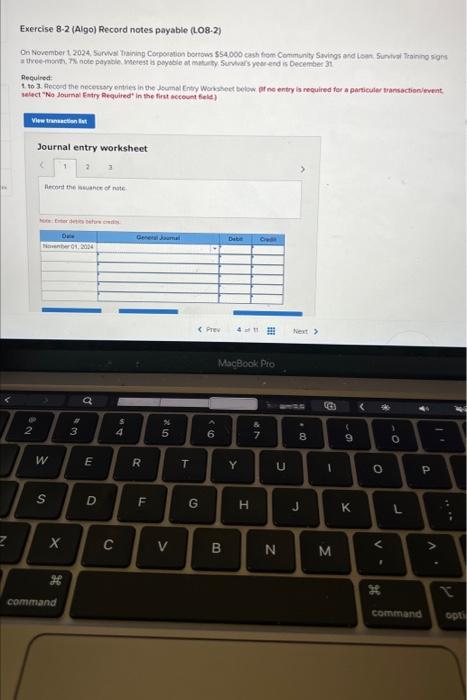 Exercise 8-2 (Algo) Record notes payable (LO8-2) On November 1, 2024, Survival