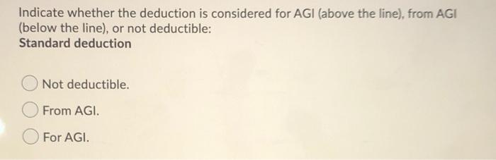 Indicate whether the deduction is considered for AGI (above the line), from