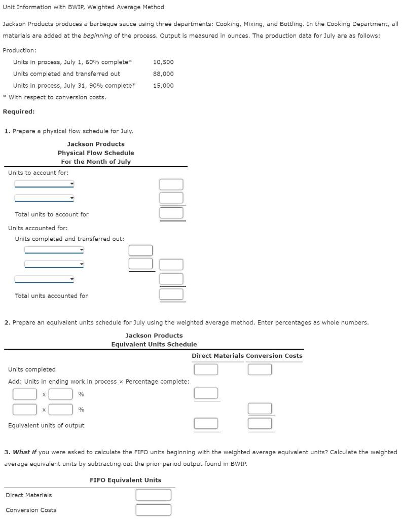 Unit Information with BWIP, Weighted Average Method Jackson Products produces a barbeque