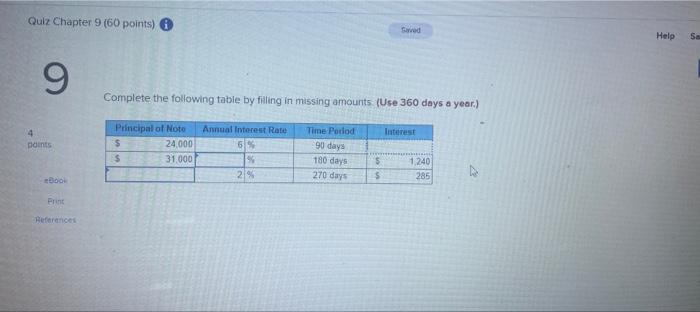 Quiz Chapter 9 (60 points) Saved 9 Complete the following table by