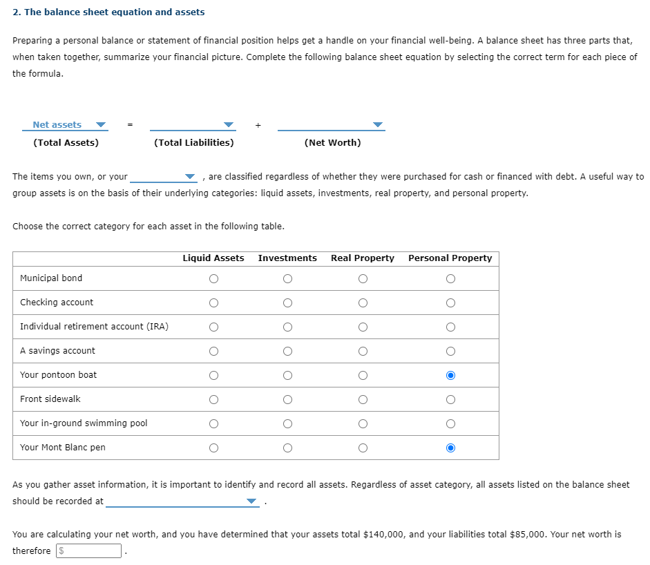 2. The balance sheet equation and assets Preparing a personal balance or